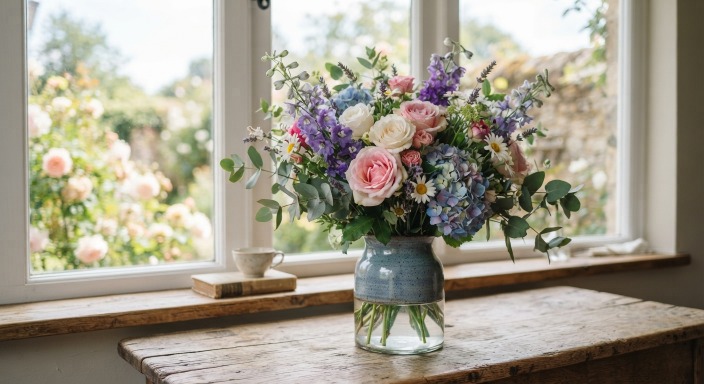 Original photo of a flower bouquet in a vase by a window, before background removal